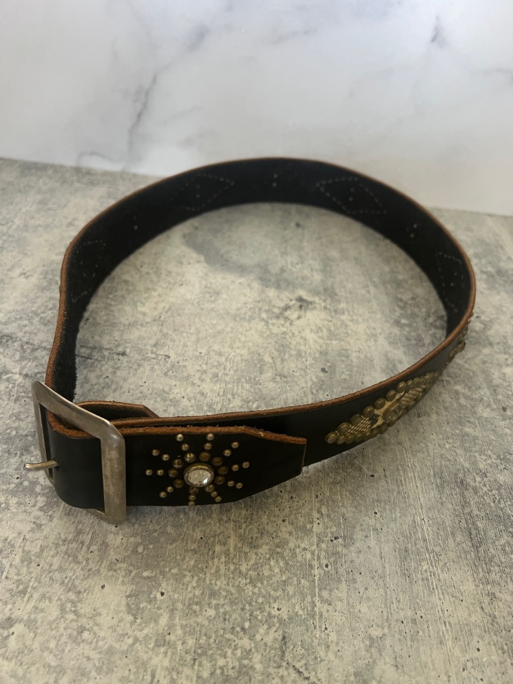 Studded Leather Belt with Decorative Snakeskin & Rhinestones - Black/Brown